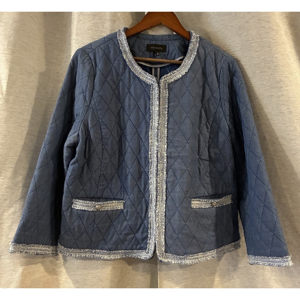 TALBOTS CHAMBRAY BLUE DENIM-LIKE QUILTED FRINGE TRIM JACKET COAT TOP 18